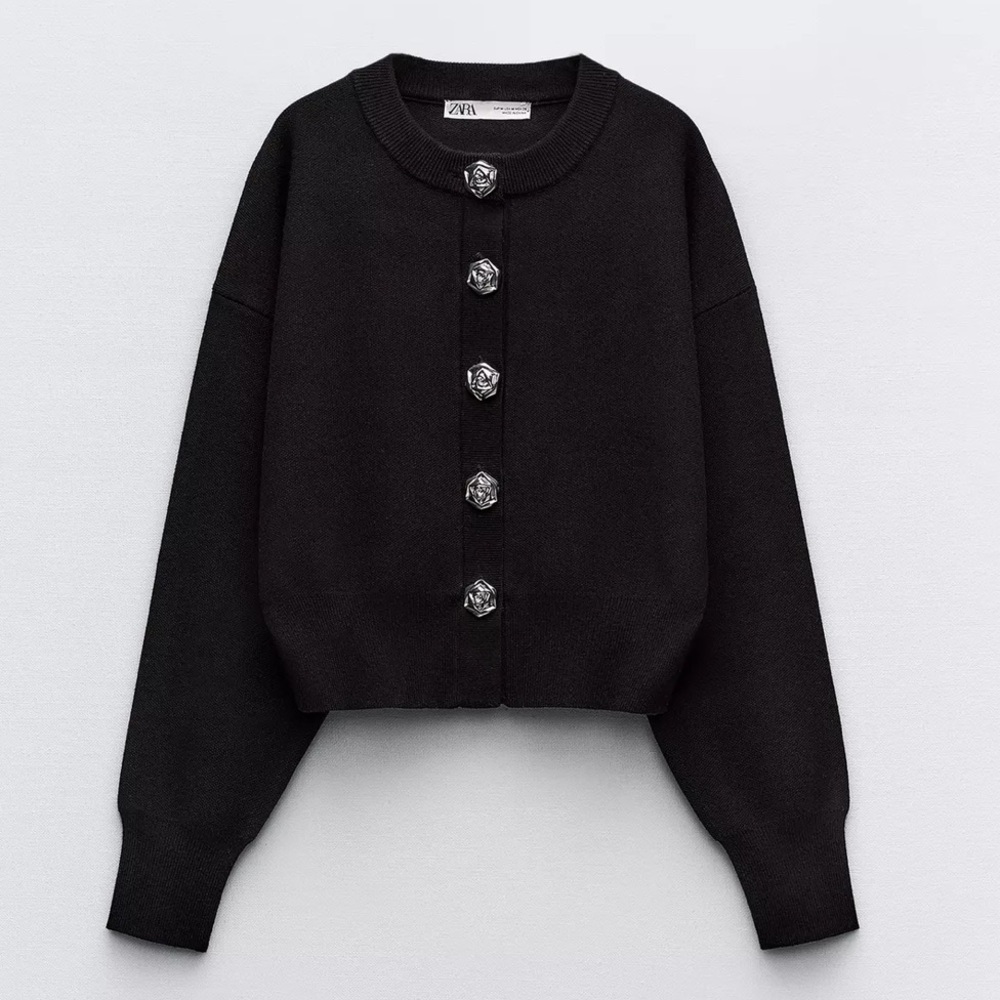 Zara Black Knit Cardigan with Metallic Buttons